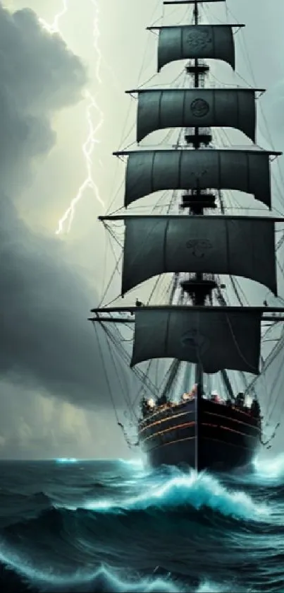 Majestic sailing ship on stormy ocean with dramatic sky backdrop.