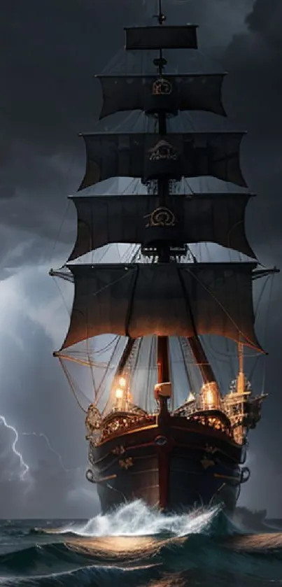 Majestic ship sailing through stormy seas with dramatic lightning.