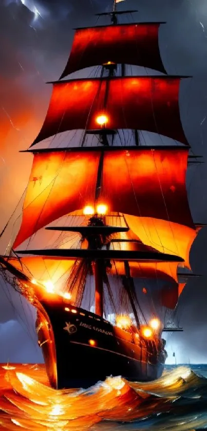 Ship with glowing red sails in a stormy sea at night wallpaper.