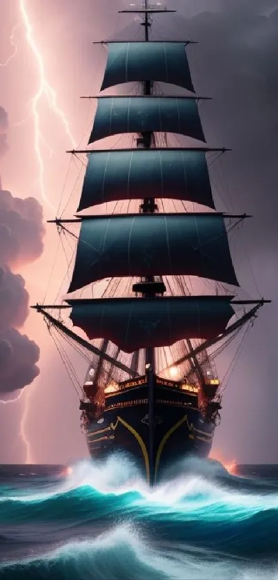 Tall ship navigating stormy seas with dramatic lightning in the background.