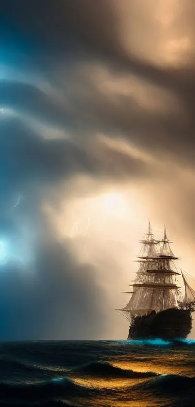 Sailing ship amidst a dramatic stormy sea with lightning and dark clouds.