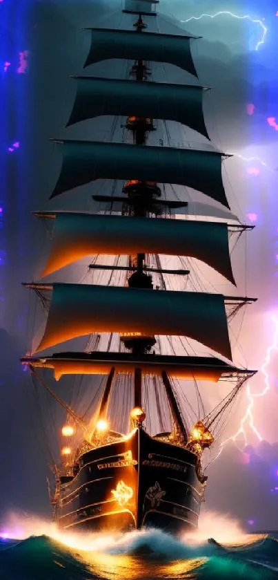 Majestic ship battles stormy seas under a dramatic lightning-filled sky.