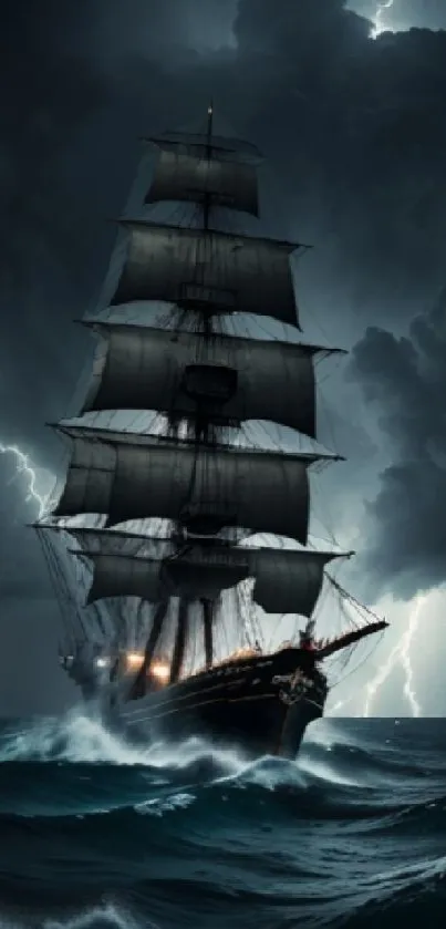 Ship sailing through stormy ocean under dark clouds.