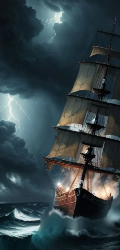 Ship braves dark stormy seas and lightning.