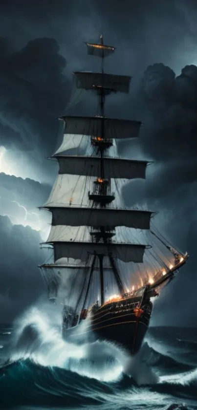 Dramatic ship sailing in a stormy sea with lightning and dark skies.