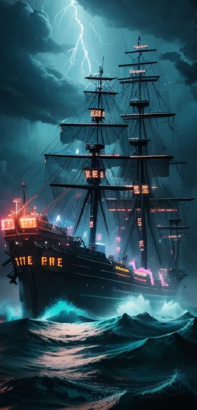 Dramatic ship amidst stormy ocean with lightning and dark clouds.