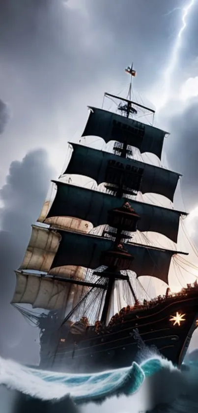 Majestic ship sails through a stormy ocean under lightning-filled skies.