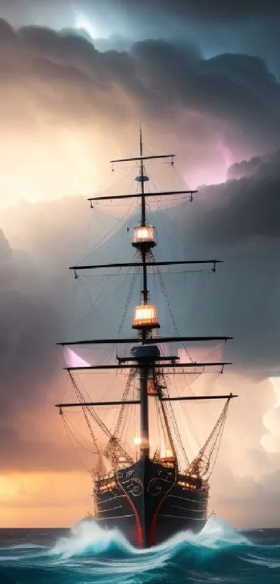 Majestic ship sailing in stormy seas with a dramatic sky.