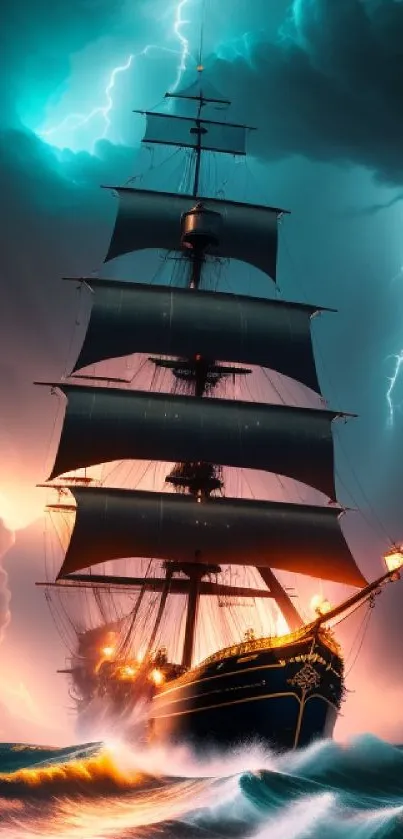 Dynamic ship on stormy sea with lightning and waves, perfect for mobile wallpaper.