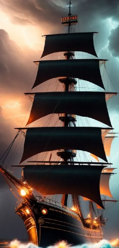 Dynamic ship sailing through stormy seas with lightning in the background.