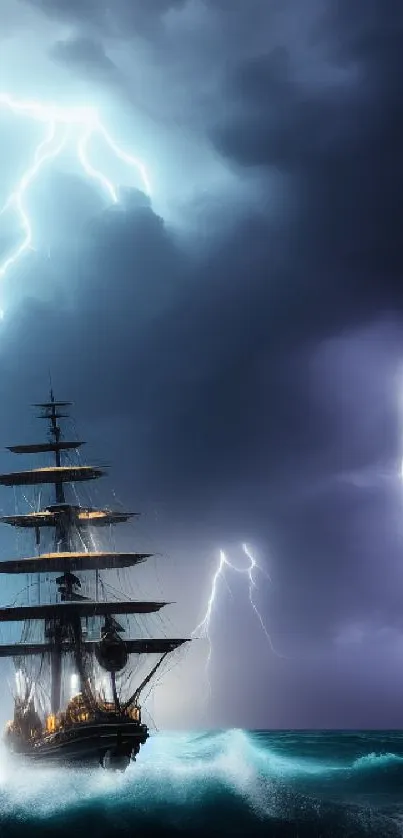 Ship sailing through stormy seas with lightning striking the dark sky above.