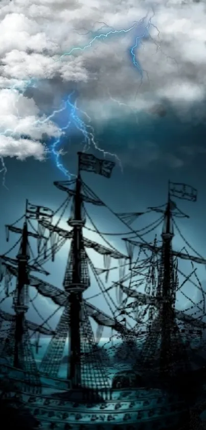 Dramatic stormy ocean ship wallpaper with lightning and clouds.