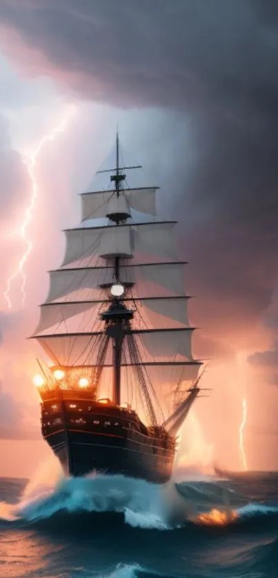 Ship in a storm with lightning and dark ocean waves