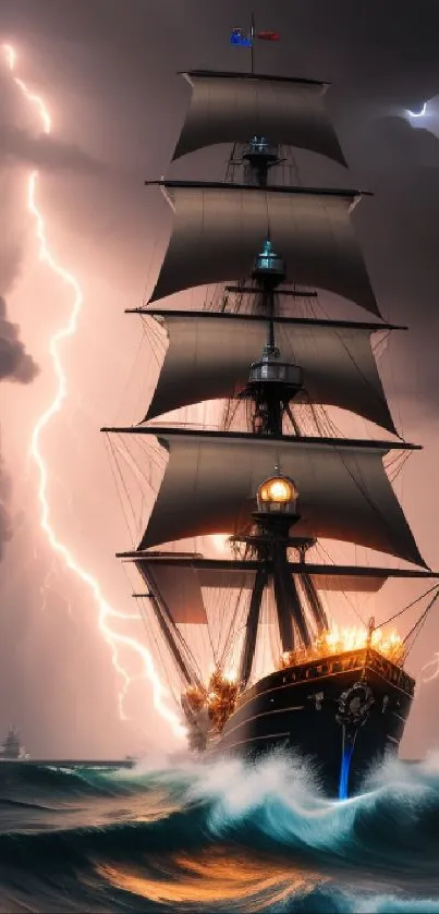 A majestic ship braves a stormy sea surrounded by dramatic lightning strikes.