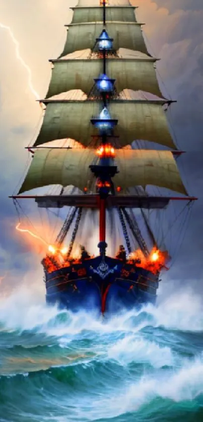 Majestic ship navigating through stormy seas with dramatic clouds and lightning.