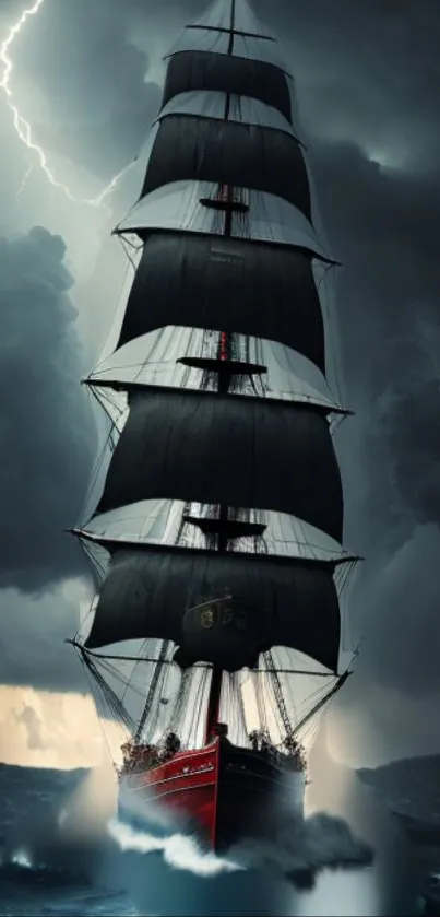 Tall ship sails through stormy seas with dark clouds and lightning.