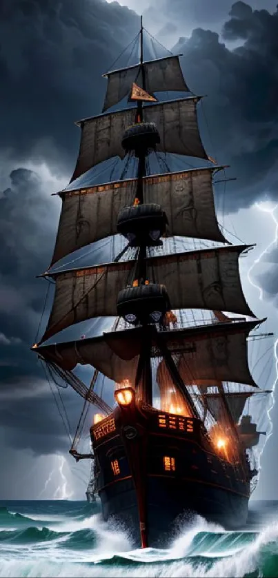 Majestic ship braving stormy seas with lightning-illuminated skies.