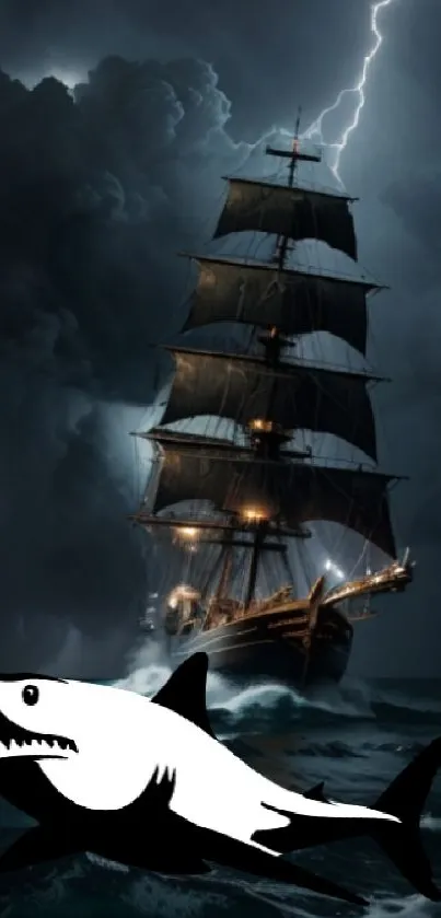 Sailing ship in stormy sea with illustrated shark.