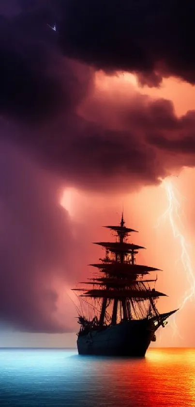 Silhouetted ship amidst storm and lightning in vivid seascape.