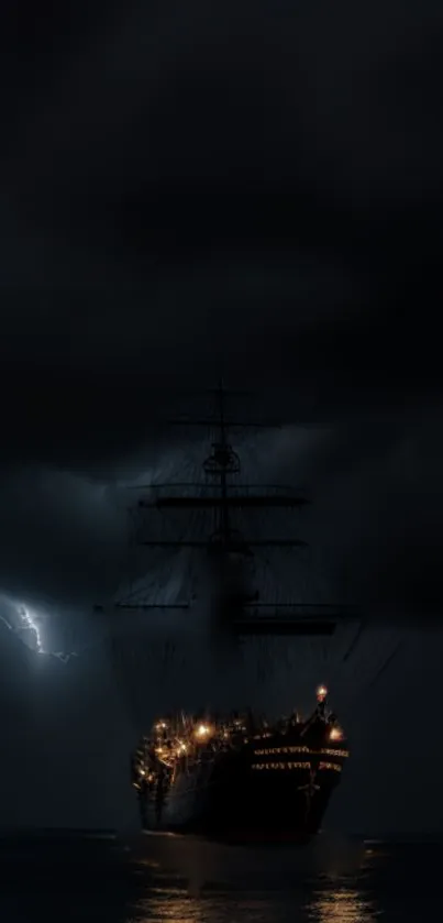 Majestic ship illuminated in a stormy night scene.