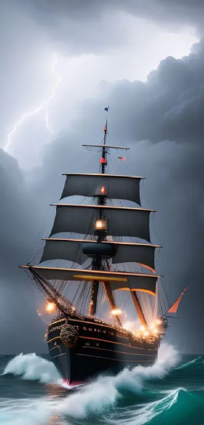 Dramatic image of a sailing ship battling stormy seas under dark clouds.