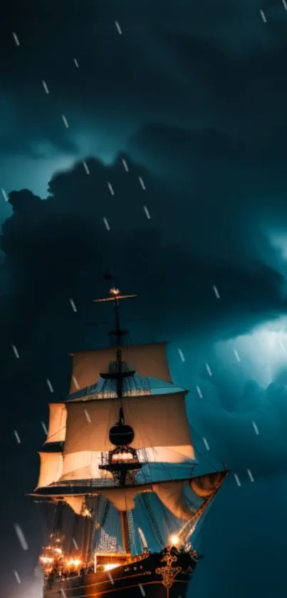 Majestic ship sailing through storm with dramatic dark blue sky.