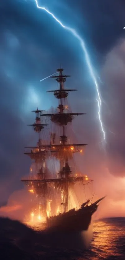 Ship in storm with lightning under dramatic night sky.