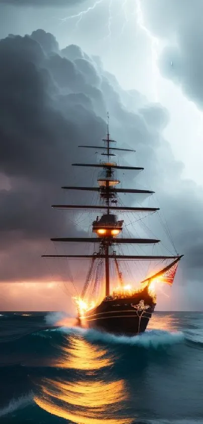 Sailing ship in a storm with lightning and dark ocean waves.