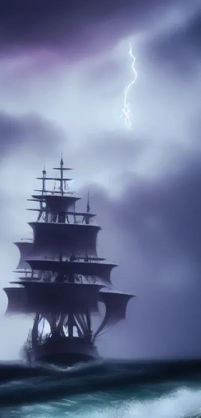 Majestic ship sailing through stormy sea with lightning in sky.