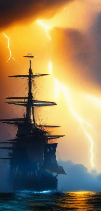 Ship in a storm with lightning over a dark ocean, vibrant and dramatic mobile wallpaper.