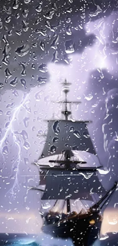 Ship at sea in stormy weather with lightning in the background.