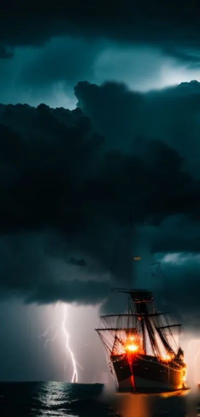 A ship sailing during a dramatic lightning storm over the ocean.