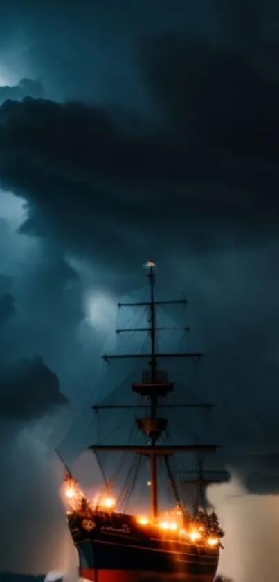 Ship sailing under stormy skies with dramatic lightning.