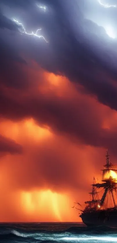 Stormy sea with ship and dramatic sky in vivid colors.