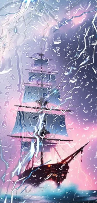 Sailing ship in stormy sea with lightning in the background, vibrant fantasy art.