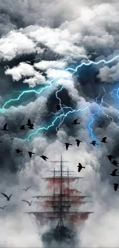 A ship sailing under dark clouds with lightning and birds flying.