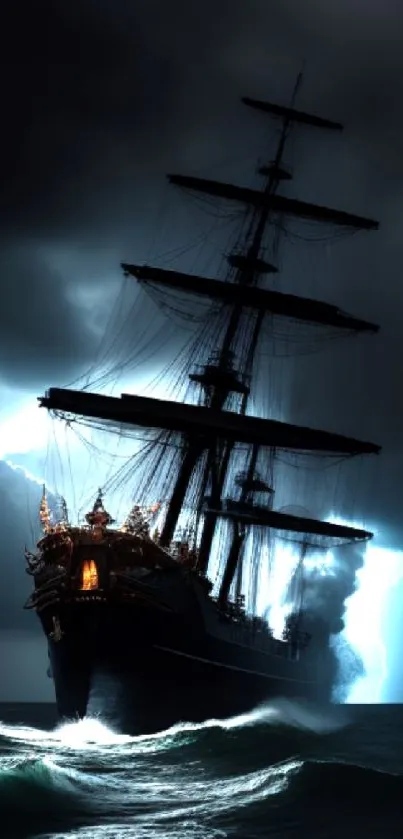 Majestic ship sails through a storm with dramatic lightning, creating a mysterious scene.