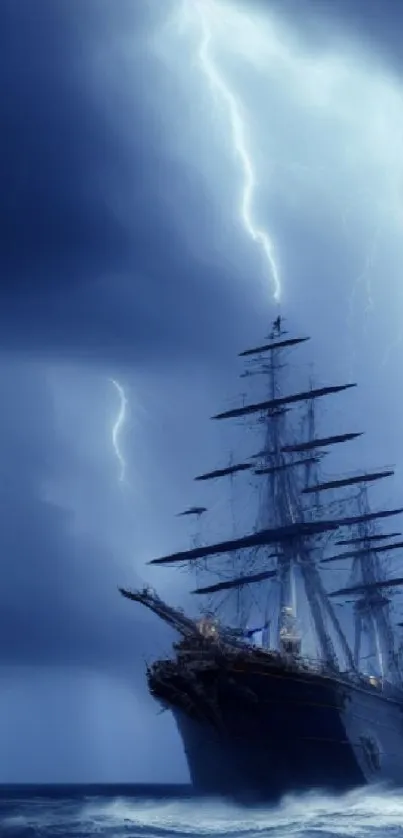 Dramatic scene of a ship navigating through a stormy ocean with lightning striking above.