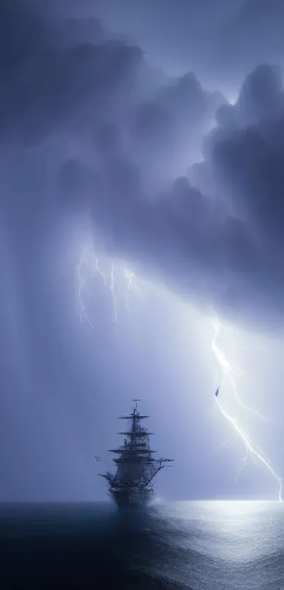 Ship in a stormy sea with lightning, dramatic night scene.