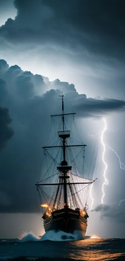 Ship facing lightning storm on the ocean, dark clouds, and dramatic scene.