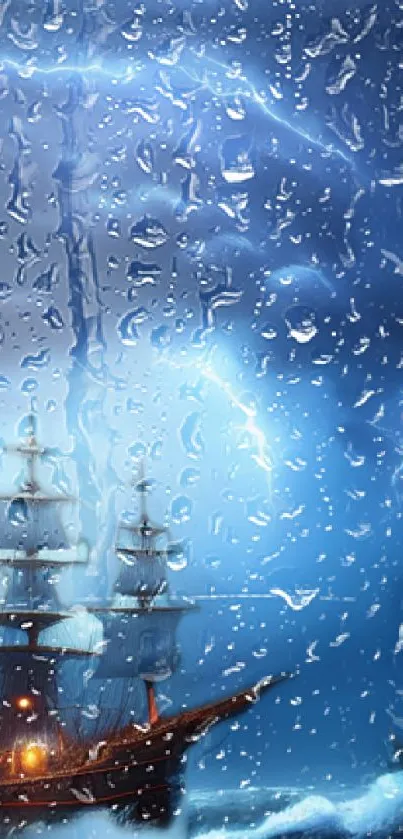 A ship amidst a stormy sea viewed through raindrops.