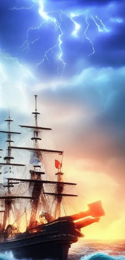 Majestic sailing ship in a stormy sea with vibrant lightning and dramatic sky.