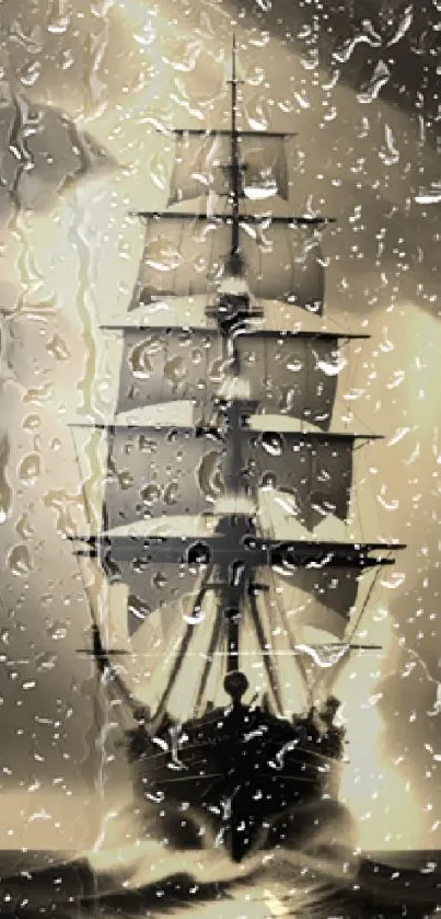 Tall ship silhouette in a stormy ocean backdrop.