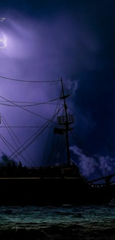 Silhouette of a ship against a stormy, lightning-filled night sky.