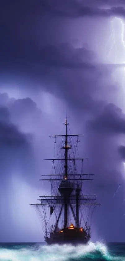 Ship sails through stormy seas with lightning illuminating the dark sky.