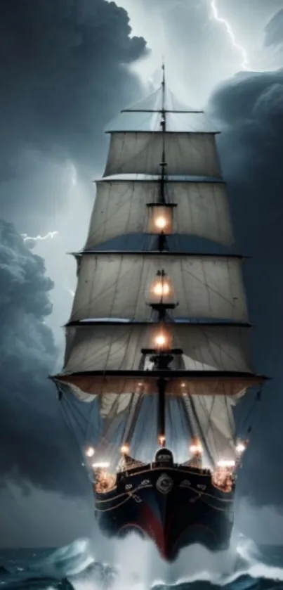 Tall ship amidst stormy seas and dark clouds, creating a dramatic scene.