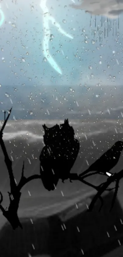 Owl and crow in stormy weather with lightning and rain.