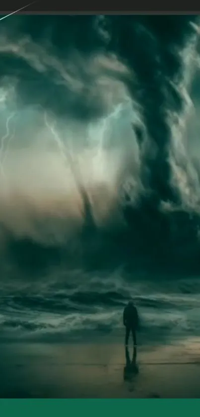 Stormy sky with lightning above ocean and lone figure.