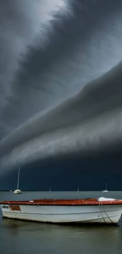 A lone boat under dramatic storm clouds on the sea.