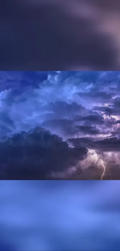 Dramatic stormy sky with vibrant lightning and dark clouds.